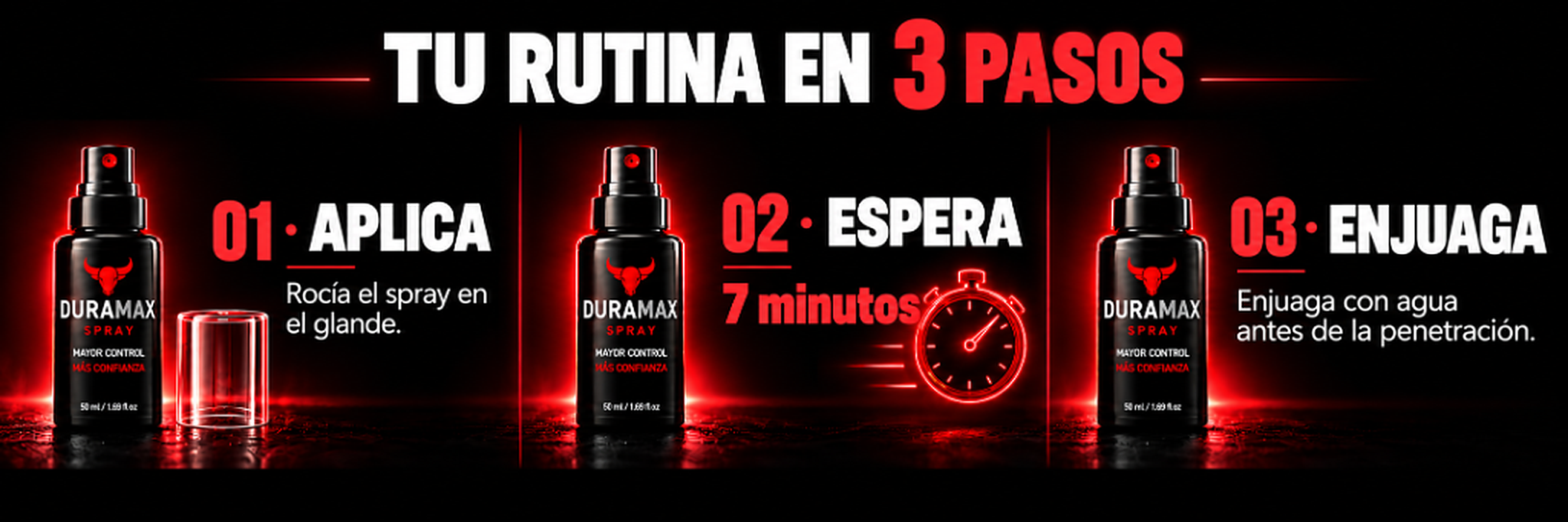 Tu Rutina en 3 Pasos - DURAMAX SPRAY: 01 Aplica, 02 Espera 7 minutos, 03 Enjuaga